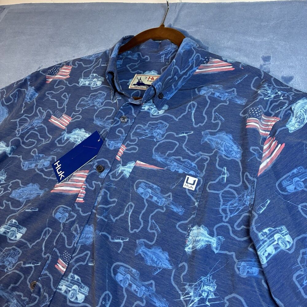 Huk Fishing Blue Button-Down Fish American Flag Print Shirt Men's Size Medium